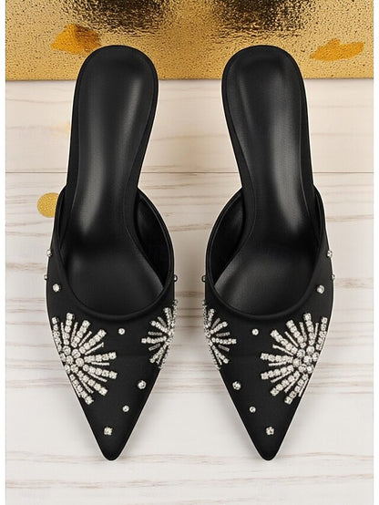 with Satin Women's Toe Rhinestone Mules Black Pointed