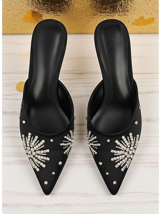 with Satin Women's Toe Rhinestone Mules Black Pointed