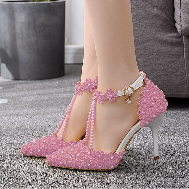 Lace Wedding Shoes Heel High Bridal Pointed Women's