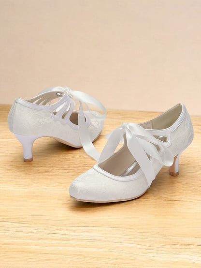 Vintage Ribbon White Bridal - Satin Lace with Ties Pumps Elegant