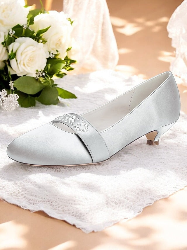 Blue Satin Rhinestone Women's Heels Kitten with