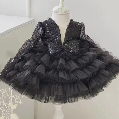 Performance Sleeve Long Sequin Kids Dress Party Girls'