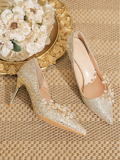 Glitter with Stiletto Silver Floral Heels Women's