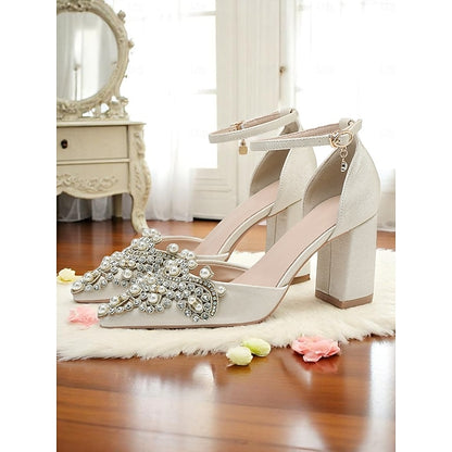 Pearl and Women's Embellished Block Heel Rhinestone Wedding