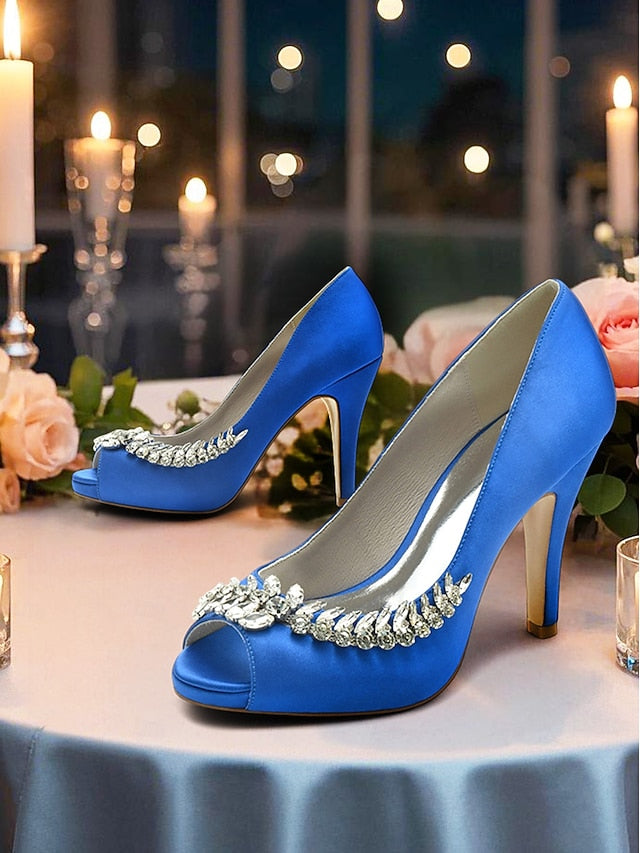 Satin Crystal Blue Heels Luxury – Peep-Toe Embellishment with