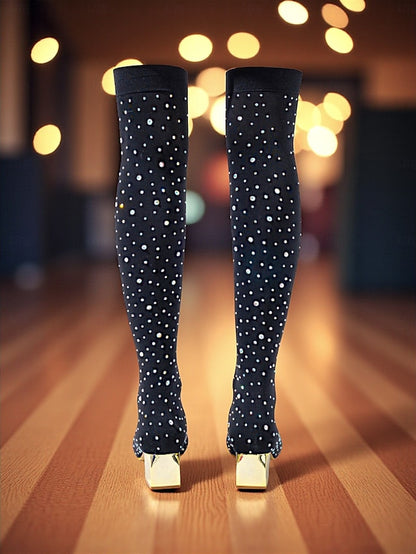 Pointed Women's Black Boots Rhinestone Over-the-Knee with
