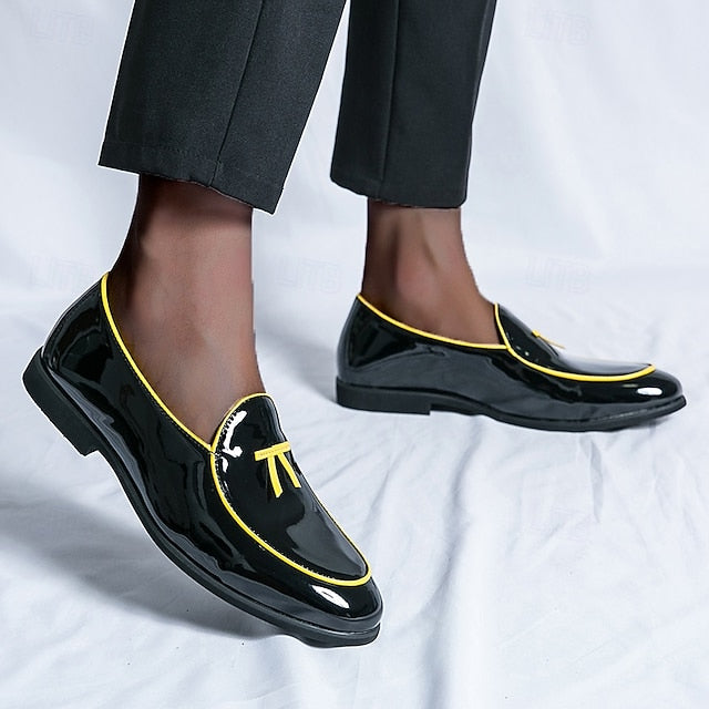 Men's Trim Yellow Faux Black Loafers Patent with Leather