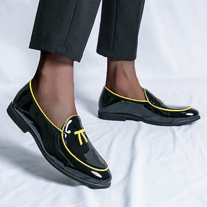 Men's Trim Yellow Faux Black Loafers Patent with Leather