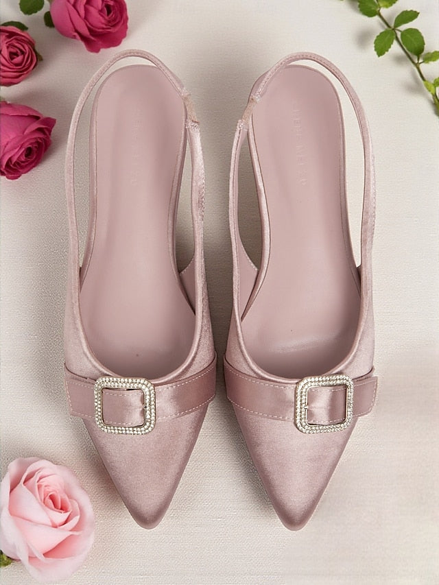 Satin Slingback with Women's Rhinestone Pink Flats Buckle