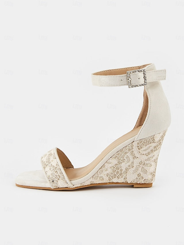 Women Wedge for Heel Sandals Ankle Stylish White Lace Strap –