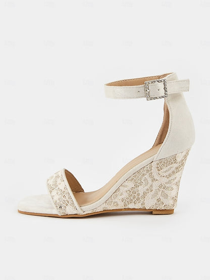 Women Wedge for Heel Sandals Ankle Stylish White Lace Strap –