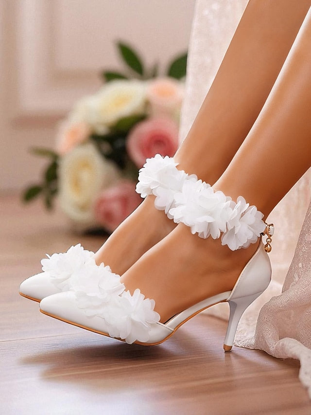 - Strap Elegant Women's White Pointed Ankle Floral Heels