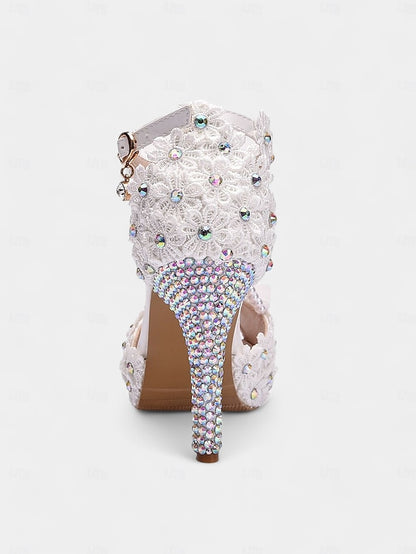 - Sandals Lace Floral T-Strap White Bridal Pearl-Decorated