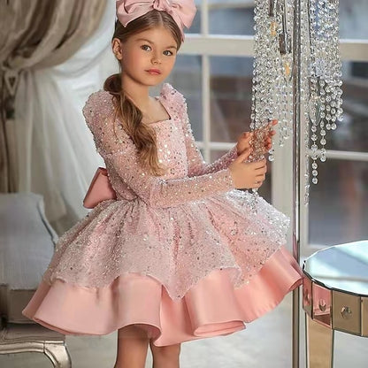Girls' Fall Sleeve Spring Sequin Dress Summer Long 3D