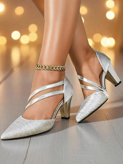 Shiny Mid-Heel Strappy Heels - Women's Toe Pointed Silver