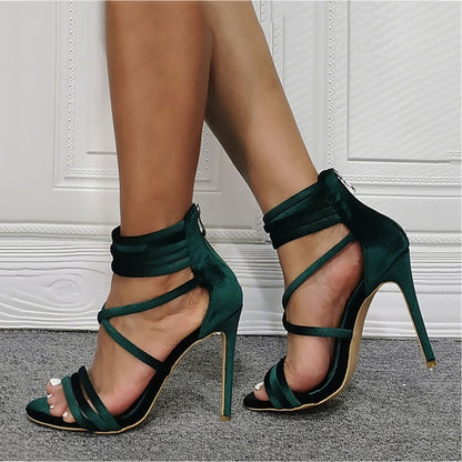 Strappy Sandals Satin Women's Green Heel – Stiletto