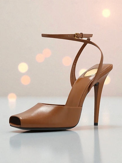 Peep High - Heels Leather Green Women's Toe Dark Patent