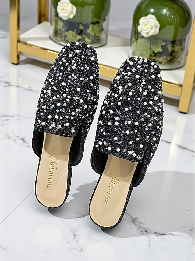 and Women's Embellished Pink Mules Rhinestone Pearl -