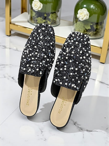 and Women's Embellished Pink Mules Rhinestone Pearl -