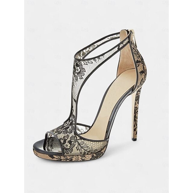 Design Lace Mesh Peep-Toe with for Heels Black Stiletto