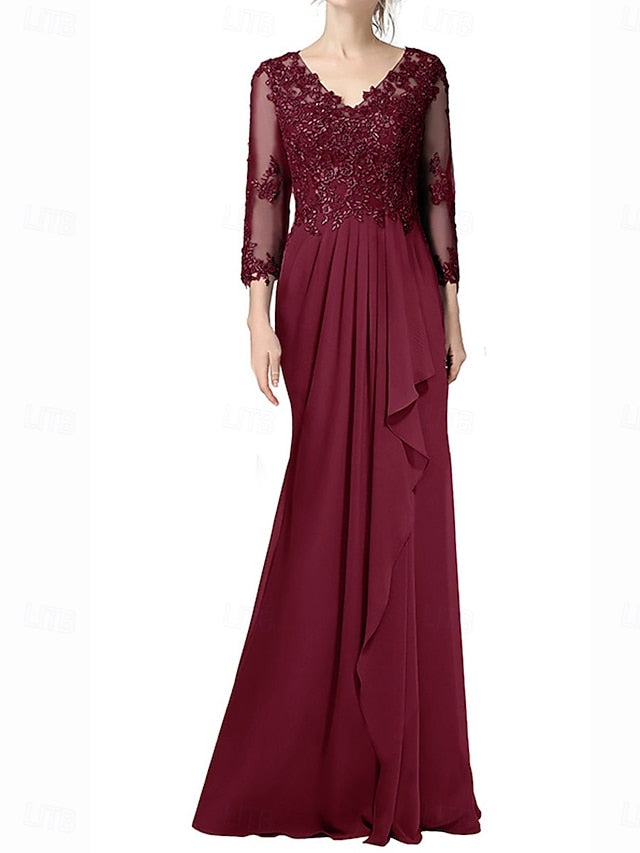 Length Floor of Neck A-Line the V Bride Mother Elegant Dress