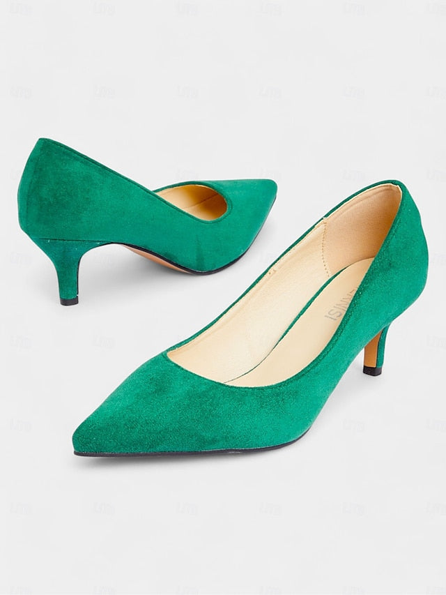 Women's Pumps Kitten Suede with Emerald Green Pointed-Toe