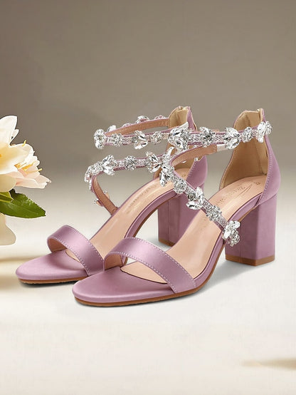 Block Women's with Sandals Crystal Heel Pink Straps Satin
