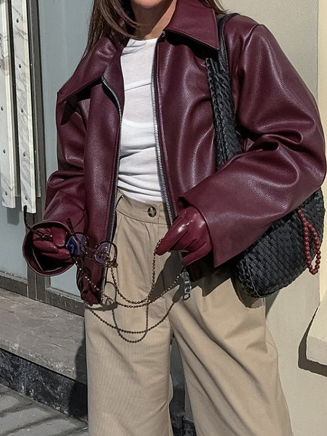 Leather Women's Warm Pocket Faux Zipper Comfortable Jacket