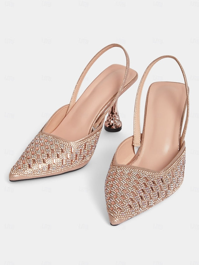 Women's Geometric Heels with Rose Rhinestone Slingback Gold
