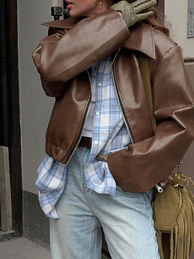 Leather Women's Warm Pocket Faux Zipper Comfortable Jacket