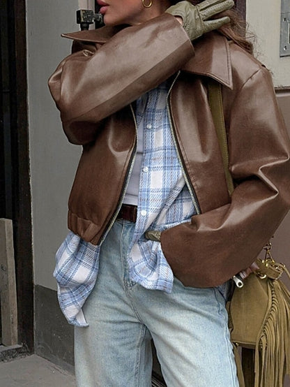 Leather Women's Warm Pocket Faux Zipper Comfortable Jacket