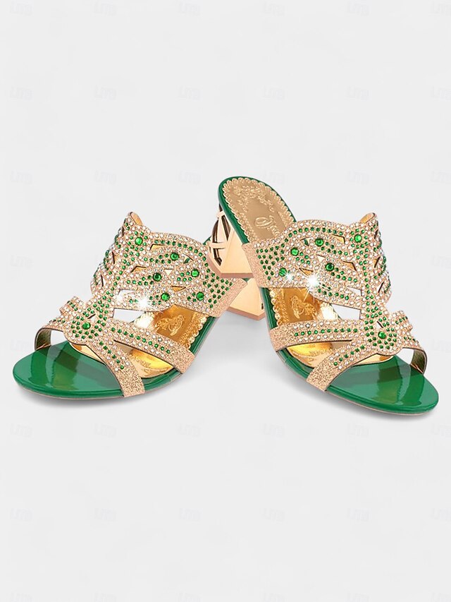 Gold Sandals Green Rhinestone Heeled Embellished - and