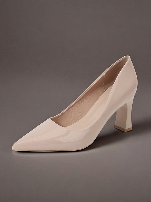 Leather Block Heel Glossy Pointed-Toe Pumps Green Patent Faux