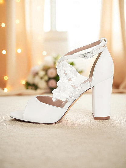 Ankle Women's Lace Block Sandals Strap White - Heel with