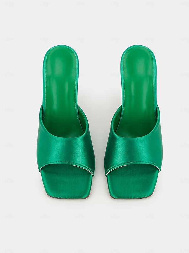 Transparent Block Mules Heels Open-Toe for Green with Satin