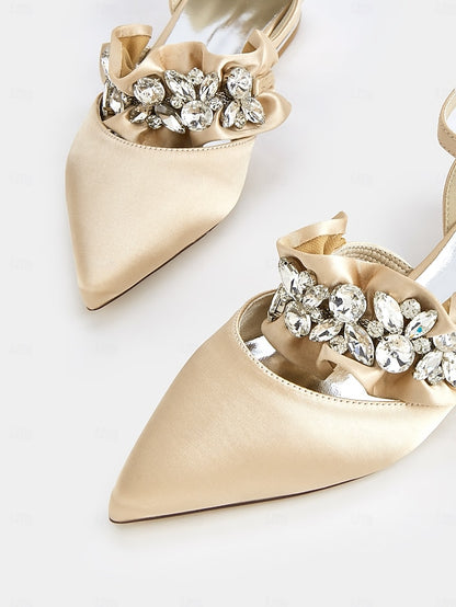 with Pointed-Toe Black Satin Women's Rhinestone Flats