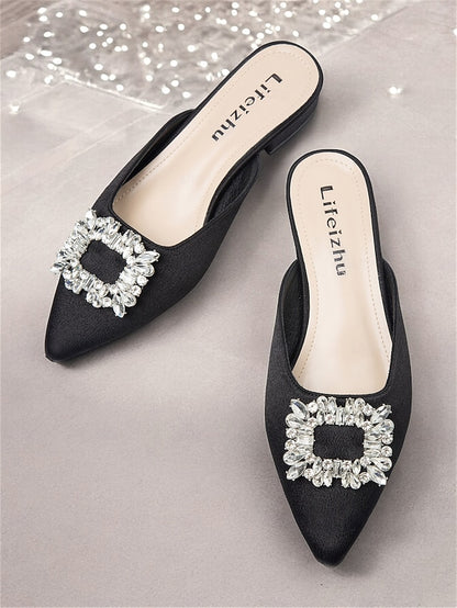 Satin Women's Rhinestone Pointed-Toe with Black Mules