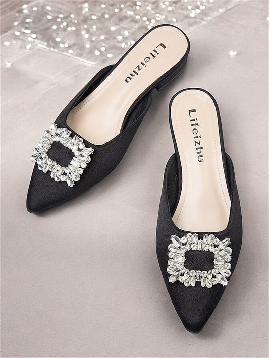 Satin Women's Rhinestone Pointed-Toe with Black Mules