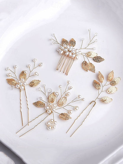 and Accessory Silver Faux Leaf with Set Gold Pearls Hair Bridal