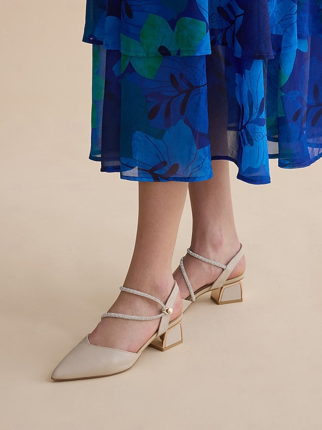 Toe Elegant Pointed with Women's Heels Slingback Rhinestone