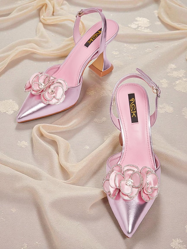 Pointed Floral Heels Toe Satin Pink Women's with