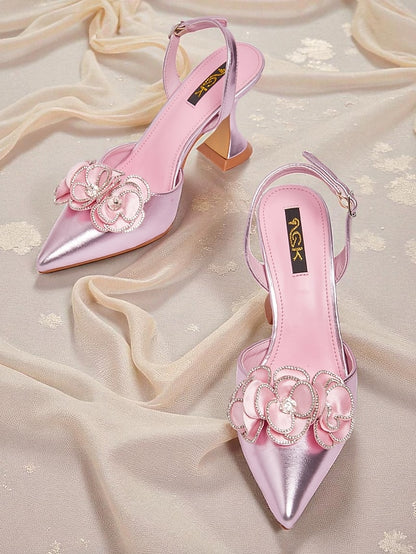 Pointed Floral Heels Toe Satin Pink Women's with
