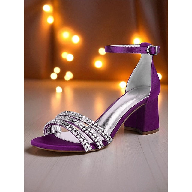 Sandals Rhinestone Women's Satin Purple Heel with Block