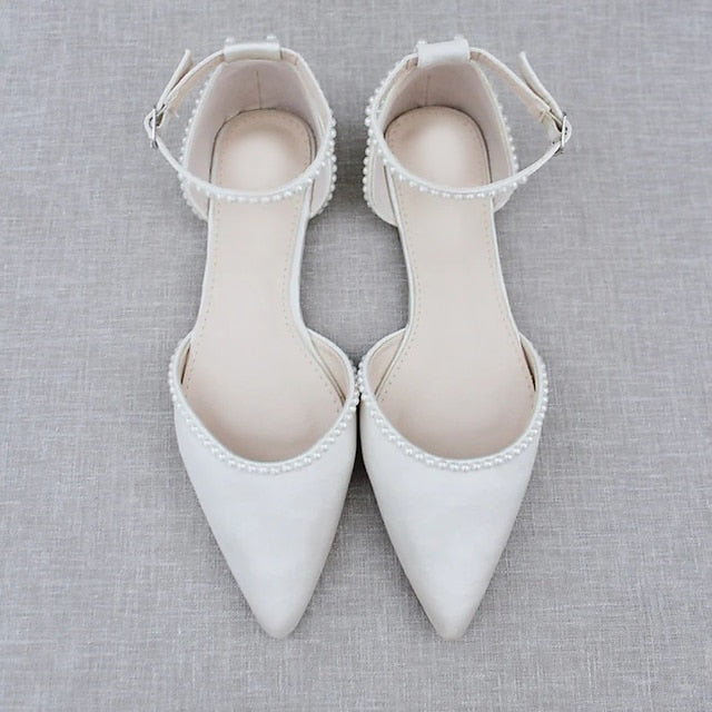Flat White Women's with Pearl-Embellished Toe Pointed Shoes