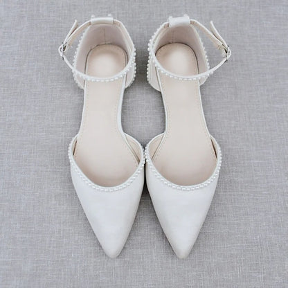 Flat White Women's with Pearl-Embellished Toe Pointed Shoes