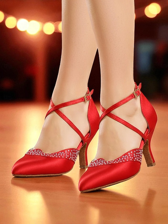 - Ballroom Toe Red Shoes Dance Satin Closed Cross Women's