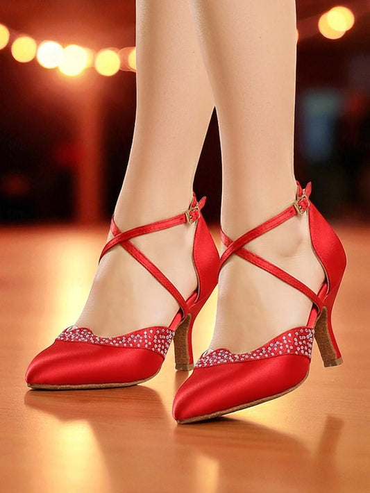 - Ballroom Toe Red Shoes Dance Satin Closed Cross Women's