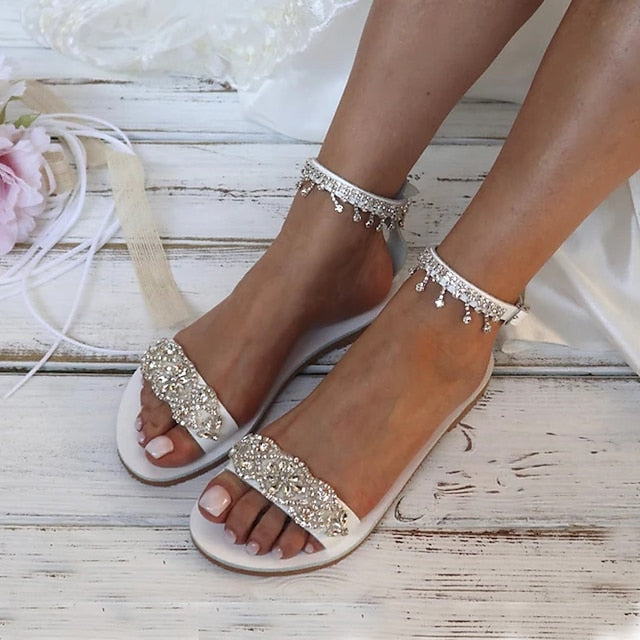 Women's Sandals – Bridal Elegant White Rhinestone Flat