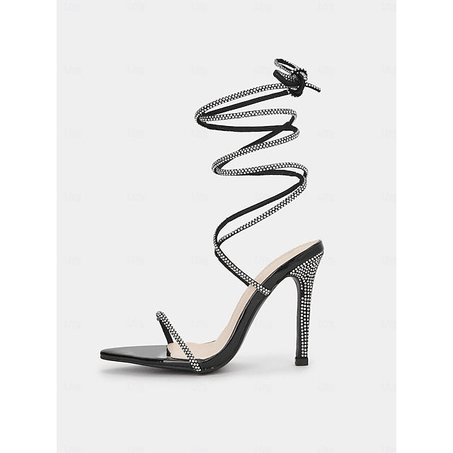 Lace-Up Rhinestone Sexy Stiletto Sandals Black – Women's