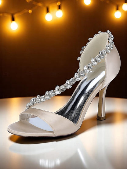 Champagne Satin – Women's with High Heels Crystal T-Strap